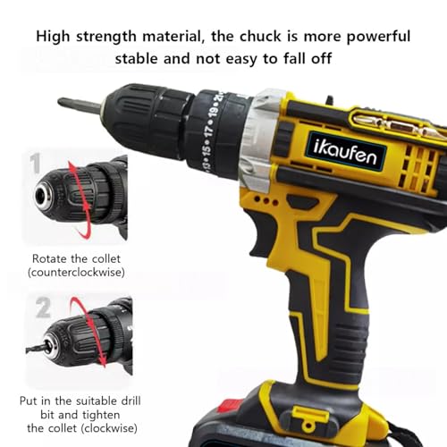 Cordless Drill Driver, 21V Electric Drill Screwdriver Kit with 25+1 Torque, 2 Speed with 2 Batteries 2.0Ah, LED Light Cordless Combi for Home and Garden DIY Project (Yellow-1) - Image 4