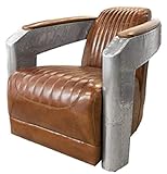 Tiefe: 94 cm Casa Padrino Art Deco Aluminium Echtleder Sessel Braun/Silber 74,5 x 94 x H. 78 cm - Club Sessel - Lounge Sessel - Flugzeug Flieger Möbel