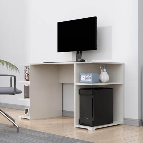 Image of Bniture Wooden Study Table for Home | Engineered Wood Study Table with Side Shelf Storage | Multi Purpose Computer Desk for Writing & Study | Laptop Table for Study Room & Workstation | Frosty White