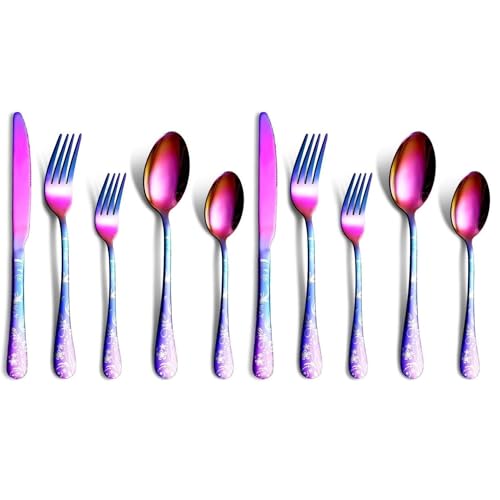 Image of aDai Rainbow Silverware Set | Satin Finish 10-Piece Flatware Set with Unique Floral Printed Handle | Dishwasher Safe Stainless Steel Cutlery for Home, Restaurant & Gifting