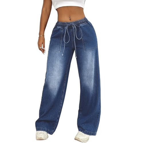 Drawstring Wide Leg Jeans for Women High Elastic Waist Baggy Straight Leg Jeans Pull On Denim Sweatpants Trousers