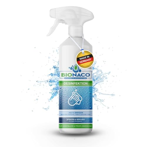 Bionaco Desinfektionsspray 500 ml – Alkoholfreies Desinfektionsmittel, Hygienemittel für Oberflächen & Gegenstände, mit Schaum & Sprüh-Funktion, nachhaltiger & naturnaher Wirkstoff, Made in Germany