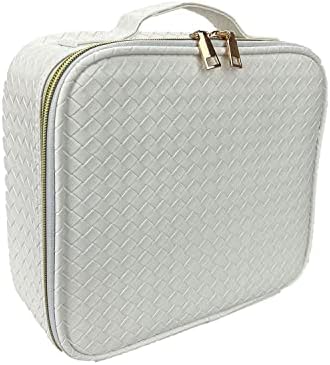 CHICREEN Makeup Bag Cosmetic Bag Travel Makeup Bag with Adjustable Dividers Soft Handle, Portable PU Leather Waterproof Toiletry Bag Artist Storage Bag, White