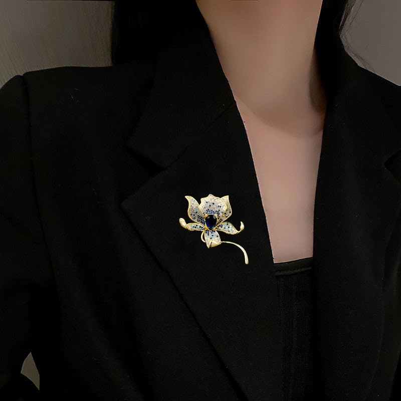 Image of Stunning Handmade Lily Brooch in 14K Gold with Crystal Encrusted, Luxurious Moissanite Botanical Floral Corsage, Ideal Botanical Theme Shawl Accessory