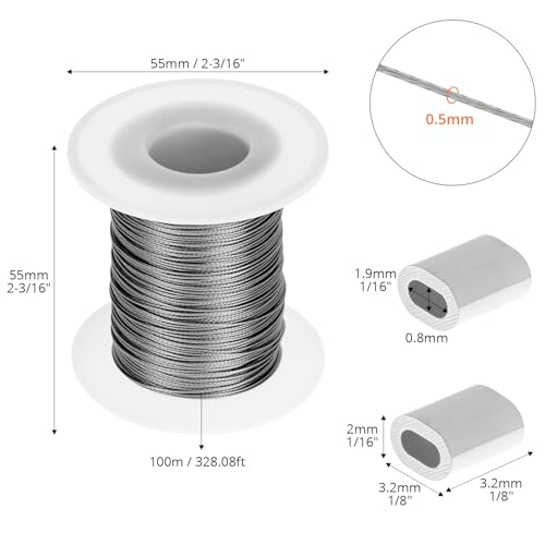 QWORK® Drahtseil 100m, Bildaufhängungsdraht 0.5 mm, 304 Edelstahl Bilderrahmen Hängender Draht mit 30 Aluminium-Crimpschleifenhülsen, für Bilderrahmen, Spiegeln