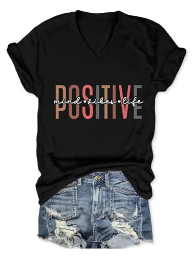 YORAURT Inspirational Shirts for Women Positive Mind Vibes Life T-Shirt V Neck Graphic Tees Casual Trendy Summer Tops Black