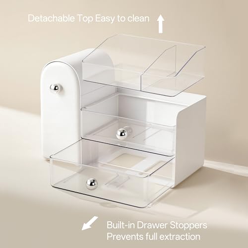 Image of HBlife Makeup Organizer Countertop with Drawers, Vanity Organizers with Brush Holder, Bathroom Counter Organizer for Perfume, Nail Polishes, Lipsticks, Skincare and Eyeshadow Palettes, White Sliver