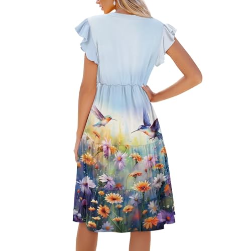 Image of Women's Casual Ruffle Sleeve Dress V Neck Pullover Dress Flowy A-Line Pleated Lightweight Dress with Pockets