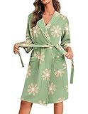 Ekouaer Robes for Women Waffle Knit Bathrobe Lightweight Kimono Robe Knee Length Loungewear with Pockets Floral Green M