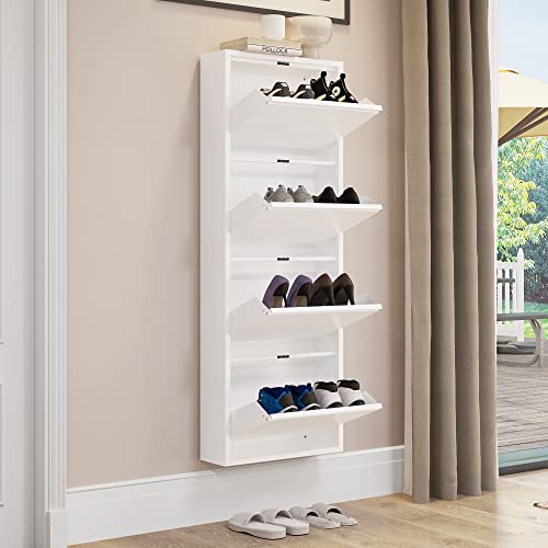 Yitahome Metal Shoe Cabinet For Entryway, Narrow Shoe Storage Organizer With 4 Flip Doors, Wall Mounted & No-Assembly Shoe Organizer, White #TOP16