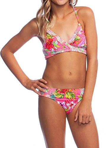 Hobie Girls' Wrap Bikini Top And Hipster Bottom Swimsuit Set, Bright Pink//Flor/All Orange Nothing, 7 #TOP2