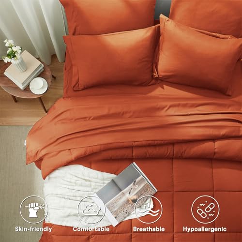 Anluoer Queen Comforter Set 7 Piece, Burnt Orange Bed in a Bag with Sheets, All Season Terracotta Bedding Comforter Sets with 1 Comforter, 2 Pillow Shams, 2 Pillowcases, 1 Flat Sheet,1 Fitted Sheet