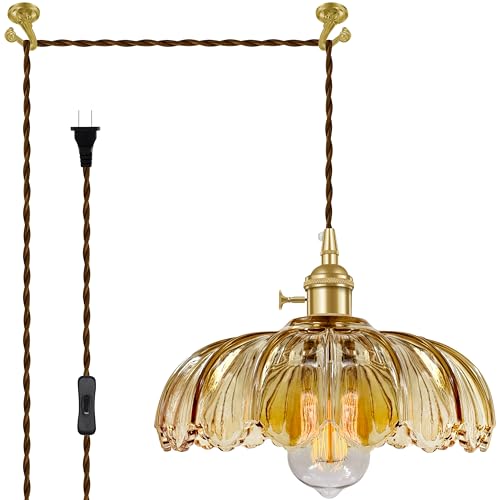 Laphivieh Plug-in Pendant Light Fixture, Hanging Light Fixture, Glass Pendant Light, Swag Lamp with Inline On/Off Switch for Kitchen Island, Bedroom, Dining Room, Living Room (Amber, 15 Ft Cord) by Laphivieh - Used condition - US$35.99