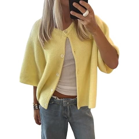 Women Y2k Knitted Crop Cardigan Short Sleeve Button Up Rib Knit Solid Color Cute Sweater Shirt (US, Alpha, Small, Regular, Regular, Yellow) Cover