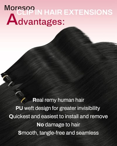 Image of Moresoo Clip in Human Hair Extensions, Natural Black, 16Inch PU Skin Weft | Clip in hair extensions, 16inch 120g 7pcs, suitable for office and daily wear, soft natural enhancement for subtle volume