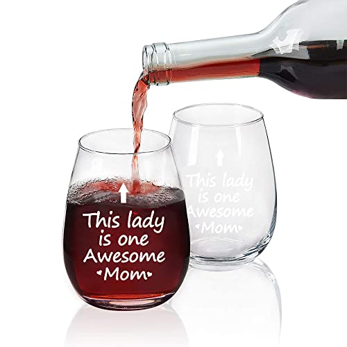 This Lady Is One Awesome Mom Wine Glass Birthday Mothers Day Gifts For Mom Mother From Daughter Kids Son Mom Gifts 15 Ounce Thicken With Gift Box White #TOP3
