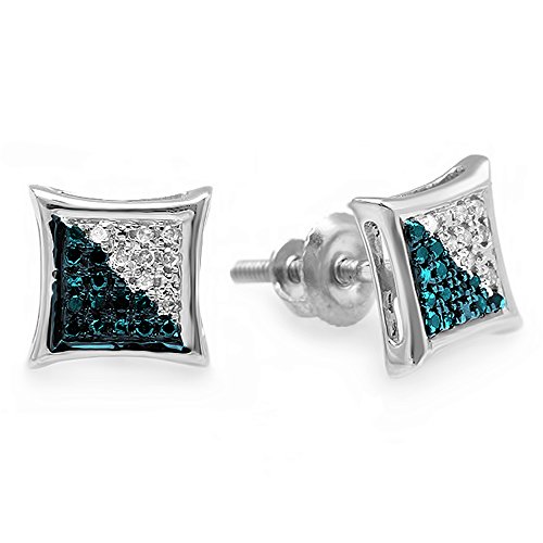 Dazzlingrock Collection 0.10 Carat (ctw) Round Blue & White Diamond 7mm Kite Micro Pave Hip Hop Iced Out Studs in 925 Sterling Silver, Screw Back, Unisex Design Ladies, Mens Real Diamond Earrings