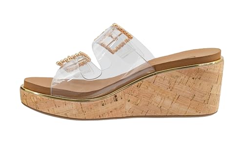 Corkys Footwear Women's Twinsie 2.5-Inch Wedge - Featuring Plush EVA Insoles For All Day Comfort, Rhinestone Buckles On The Straps, Gold Rand, And Slip-on Technology