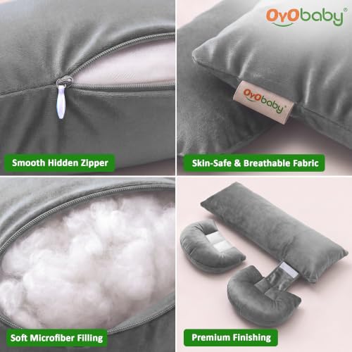 Image of OYO BABY Maternity Pillow Bundle | Adjustable Butterfly Design | Plush Velvet 4-in-1 Maternity Body Pillow | Doubles as Nursing Pillow for Back, Hip and Belly Support - Grey