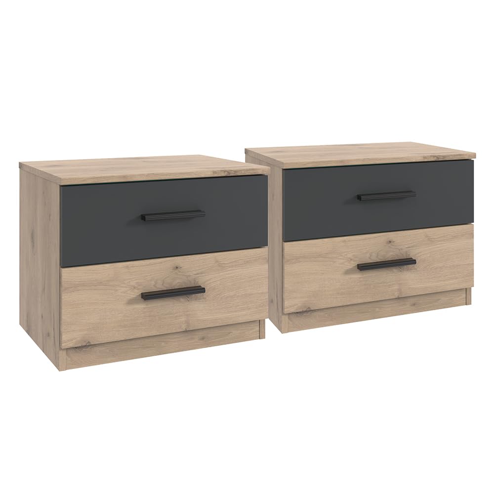 Lomadox Schlafzimmer Komplett Set 5-teilig, Bett 180x200 cm, 2X Nachtschrank, 1 Kleiderschrank, 1 Kommode in Eiche mit Graphit