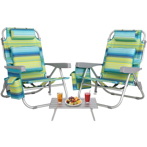 LIFERUN Silla de Playa Plegable de Aleación de Aluminio, Ligera, Set de 2 Sillas con 1 Mesa, Silla Plegable Portátil como Mochila, Silla de Camping, Reclinable, Capacidad de Carga de hasta 150 kg