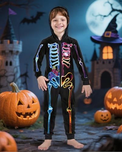 Xumplo Boys Halloween Skeleton Pyjamas Kids One Piece Zip-Up Pjs with Hood and Spooky Bone Print Sleepwear Nightwear 10-12 Years Black - Image 4
