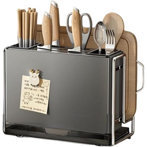 FWYTT まな板スタンド 包丁立て 鍋蓋スタンド お箸立て 包丁スタンド キッチン収納 包丁ホルダー 多機能キッチン用収納ラック おしゃれ まな板立て 水切りトレイ付 大容量 箸立て 鍋蓋 通気性 防錆 滑り止め吸盤 コンパクト収納 (テーブル - ホワ