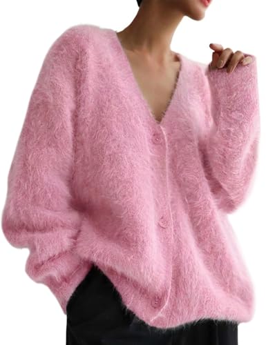 Yimoon Womens Fuzzy Cardigan Sweater V Neck Long Sleeve Button Down Slouchy Furry Knit Sweaters 2025(Pink-S)