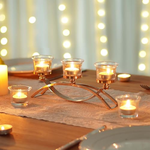 Gold 3-Arm Metal Tea Light Candle Holder Set with 5 Glass Cups, Votive Candle Holders Centerpiece Candelabra for Wedding Table Decor, Home Gatherings and Holidays - Image 3