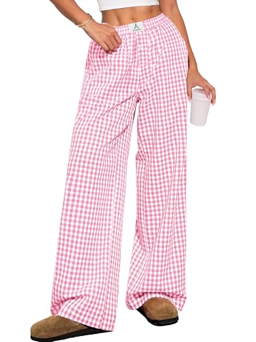 ANRABESS Womens Striped Gingham Pants 2025 Pajama Lounge Boxer Pants Cute Comfy PJ Bottoms with Pockets Y2K Plaid Outfits Pink White Plaid Medium