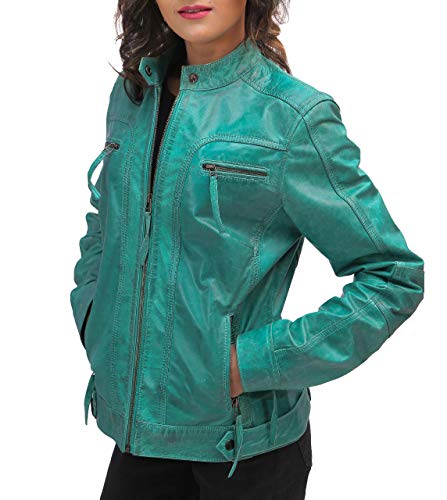Women Sea Green Lambskin Leather Jacket - Turquoise Real Leather Jacket Ladies