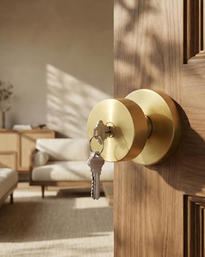 Image of Haidms Gold Door Knob with Key, Heavy-Duty Zinc Alloy Keyed Entry Door Knob Exterior, Brushed Gold Front Door Knobs with Lock, Keyed Alike, 1 Pack