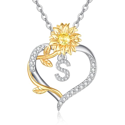 AENEAS Sunflower Initial Necklace Women Gold Plated Sterling Silver Letter Heart Pendant Jewelry Gift for Mom Wife Birthday Anniversary Christmas