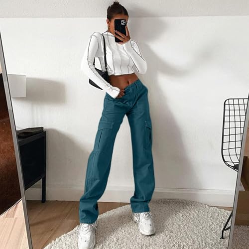 Lepunuo Cargo Pants for Women High Waisted Casual Pants Baggy Stretchy Wide Leg Y2K Streetwear 2025 Coral Blue — view 5