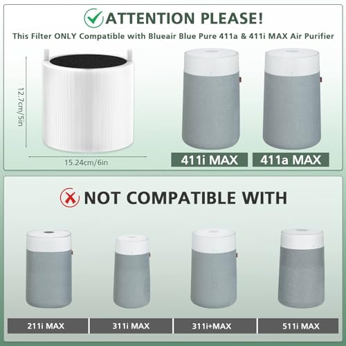 2 Pack 411i & 411a Max Replacement Filter Compatible with Blue Pure 411i & 411a Max Air Purifiers, HEPA & Activated Carbon Filter, Blue Pu-re 411i Max Filter