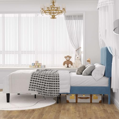 Image of VECELO Twin Size Bed Frame with Upholstered Headboard, Velvet Platform Bedframe Mattress Foundation, Strong Wood Slat Support, No Box Spring Needed,Sky Blue