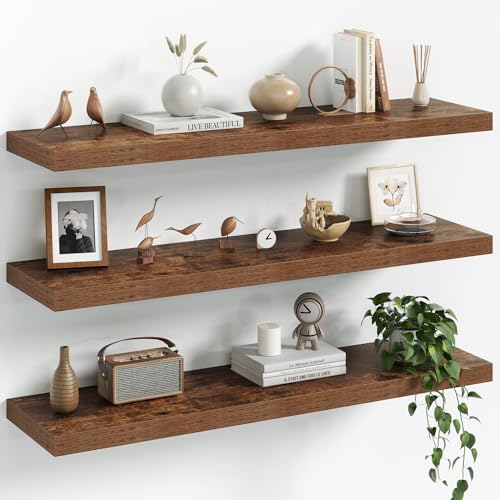 Image of Fun Memories 36Inch Floating Shelves for Wall, 8 Inch Deep Shelves for Bathroom|Bedroom|Kitchen, Large Wall Mounted Wood Hanging Shelf with Invisible Brackets for Home Storage Decor, Brown - 3 Pack