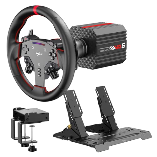 PXN VD6 Bundle: PC Steering Wheel and Pedals – 6 Nm Direct Drive Servo Motor Base, W AS Racing Wheel, Hall Effect 2-Pedal Set, and Table Clamp – Professional Sim Racing Setup for Windows PC (7–11)