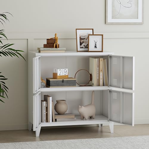 [en.casa] Armario Archivador Hamina Aparador Mueble de Oficina Estudio Garaje con 2 Compartimentos y 4 Puertas con Ranuras de Ventilación Acero 82 x 80 x 40 cm - Blanco - imagen 4