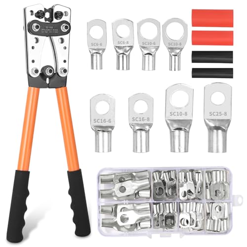 Batteriekabelschuh Crimpzange 6/10/16/25/35/50 mm² und 10–1/0 AWG – Groß Crimpzange Set mit 8 Größen, 60 Kupferringklemmen und 60 Schrumpfschläuchen für Auto, Marine und Haushaltsanwendungen
