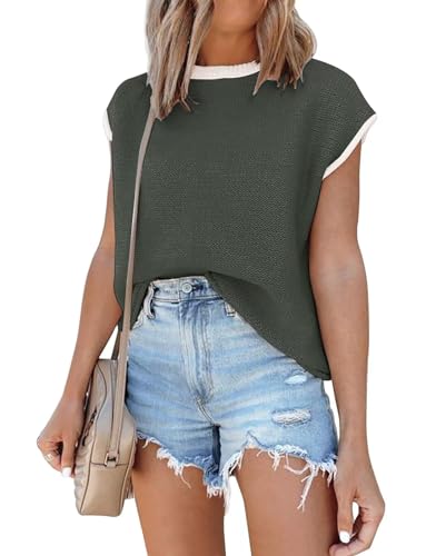 Image of Disamer Cap Sleeve Knit Sweater Tops Sleeveless Vest 2026 Spring Clothes Oversized Summer Tank Trendy Short Sleeve T Shirts,Green,X-Large