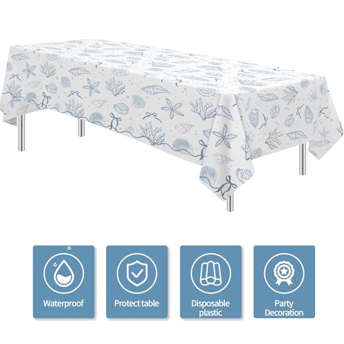 HOAKWA Ocean Seashell Party Decorations Tablecloth, 3 Pcs Beach Coastal Last Toast on the Coast Bachelorette Supplies Table Cover for Summer Birthday, Bridal Shower, Disposable, 55in x 86in