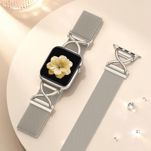 Dirrelo Band Compatible with Apple Watch Bands Women 40mm 41mm 42mm 44mm 45mm 49mm 38mm, Stainless Steel Mesh Loop Magnetic Clasp Wristband for iWatch Series 11 10 9 8 SE 3 7 6 5 4 3 Ultra 2,Starlight — view 5