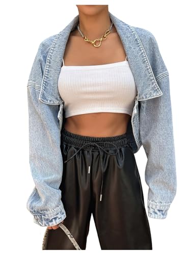 Floerns Women's Y2k Long Sleeve Cropped Denim Drop Shoulder Going Out Jean Jacket