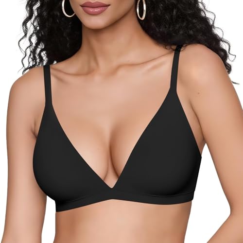 Vertvie Womens Wireless Triangle Bralette Plunge Unlined Seamless Bras No Underwire Sexy Comfortable Unpadded Everyday Bra(Black,X-Small)