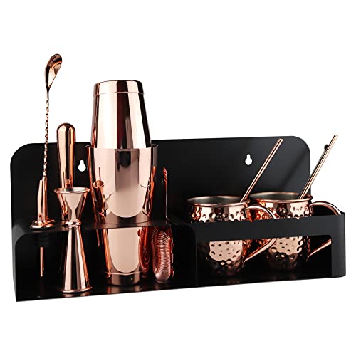 Cocktail Shaker Set，SKY FISH 14-Pieces Bartender Kit Including Stainless Steel Stand And 2 Moscow Mule Copper Mugs Gift For Cocktail Lovers