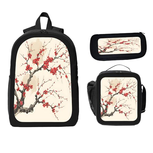 3PCS Backpack for Women Men With Lunch Box Pencil Bag 17 Inch Lightweight Adjustable Strap Back Pack 3 In 1 Set Plant Red Flower Casual Daypack Unisex Fit Travel Work Camping