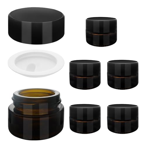 SyiXute 6 Piezas 5 ml Ámbar Tarros de Cristal,Marrón Vacía Crema Tarro con Forro Interior Blancos y Tapas de Plástico Negro para Cosméticos Crema Facial Loción Rellenables Botella