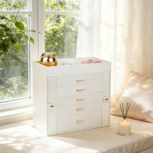 BOOVO Large Jewelry Boxes For Women (Pearl White, 6 Layer) | 6 Layers Jewelry Organizer Box With Cosmetic Storage Drawer, Necklace Ring Jewelry Organizer Box For Girls - image 8