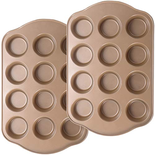 JOHO BAKING 2 Pack Nonstick Muffin Pan Set, 12-Cup Heavy Duty Cupcake Baking Pan with Handles - PFOA-Free Muffin Tin, Rust Proof & Warp Resistant, Oven Safe 430°F (Gold)